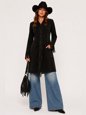 Black Old West Suede Jacket cutout fringe long leather size small